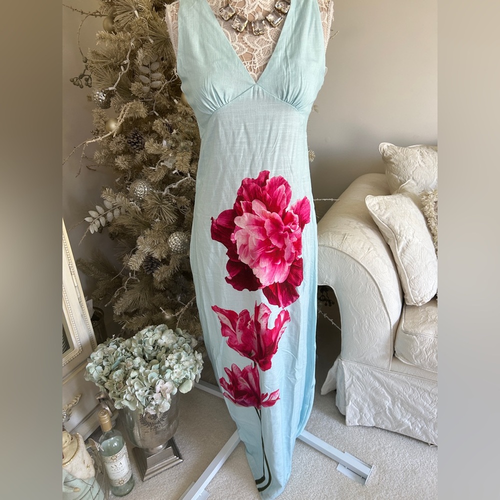 New! Paper Heart Light Blue Maxi Dress with Fuchsia Floral Print